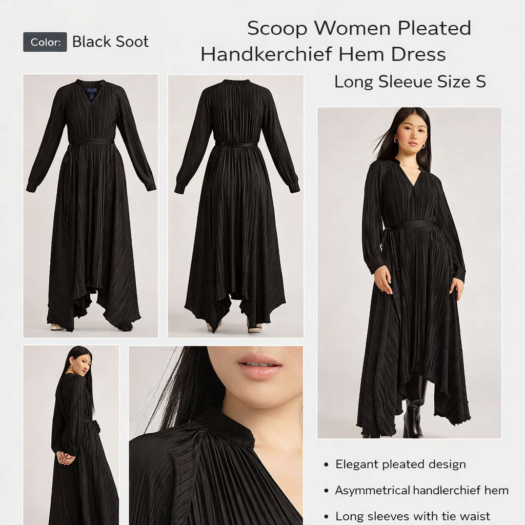 Scoop Women Pleated Handkerchief Hem Dress Long Sleeve Black Soot Size S