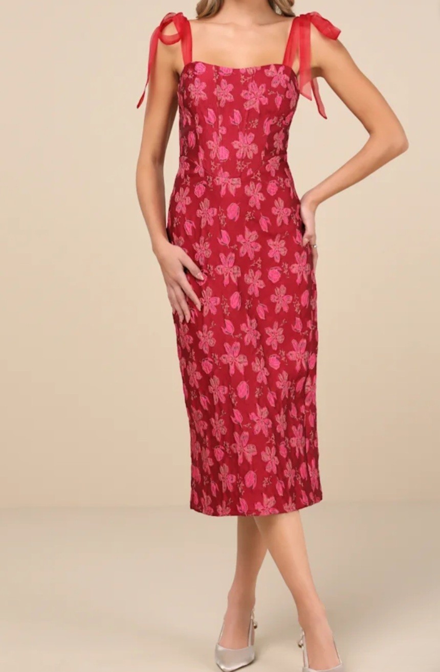 Lulus Pink Floral Jacquard Sheath Midi Dress Square Neck Smocked Back, XL