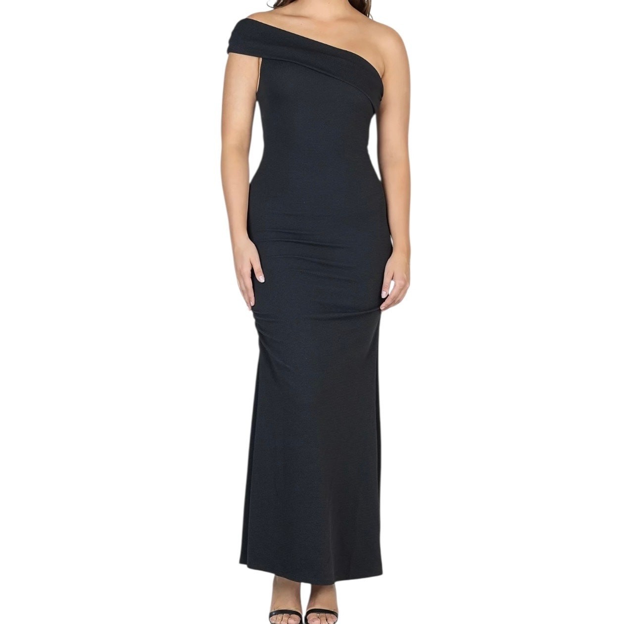 24Seven Women’s Party One Shoulder Rouched Maxi Dress Black Size L