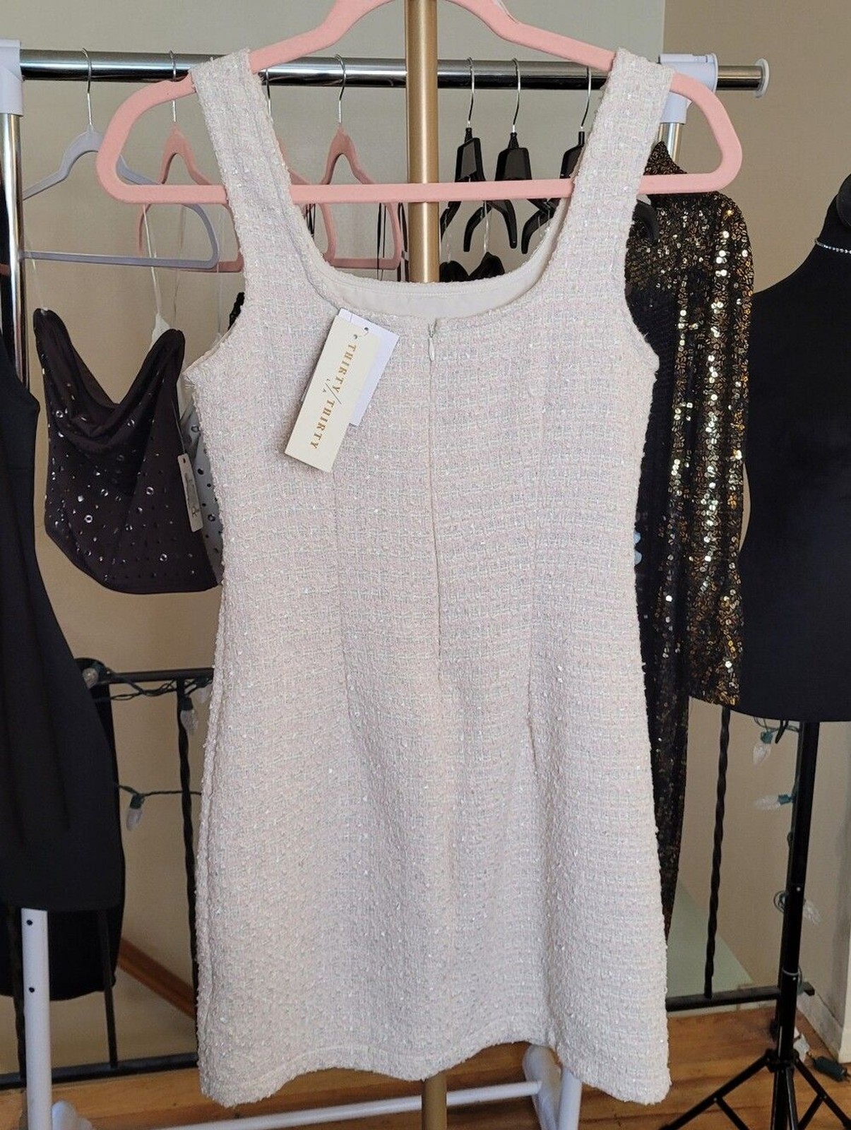 Thirty Thirty LA Classic Pink & Cream Tweed Sleeveless Mini Dress Size XL NWT