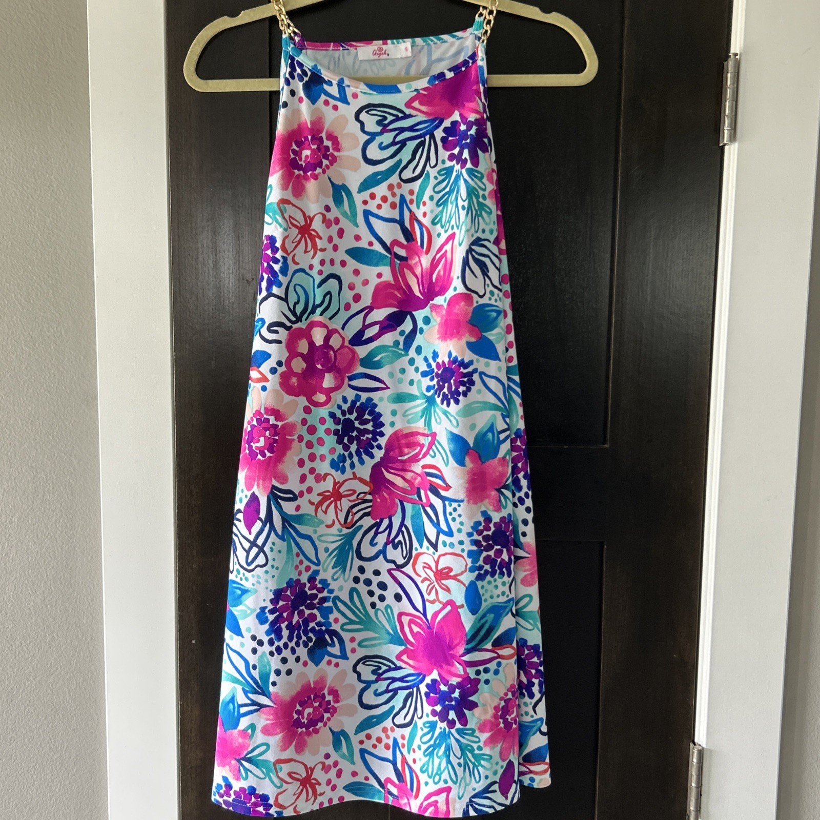 Aryeh Women’s Small Blue Pink Floral Print Dress Chain Halter UPF+ 50 NEW
