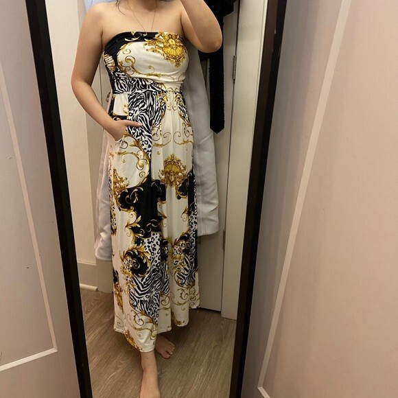 absolutely love it printed strapless maxi dress with pocket May Sale New