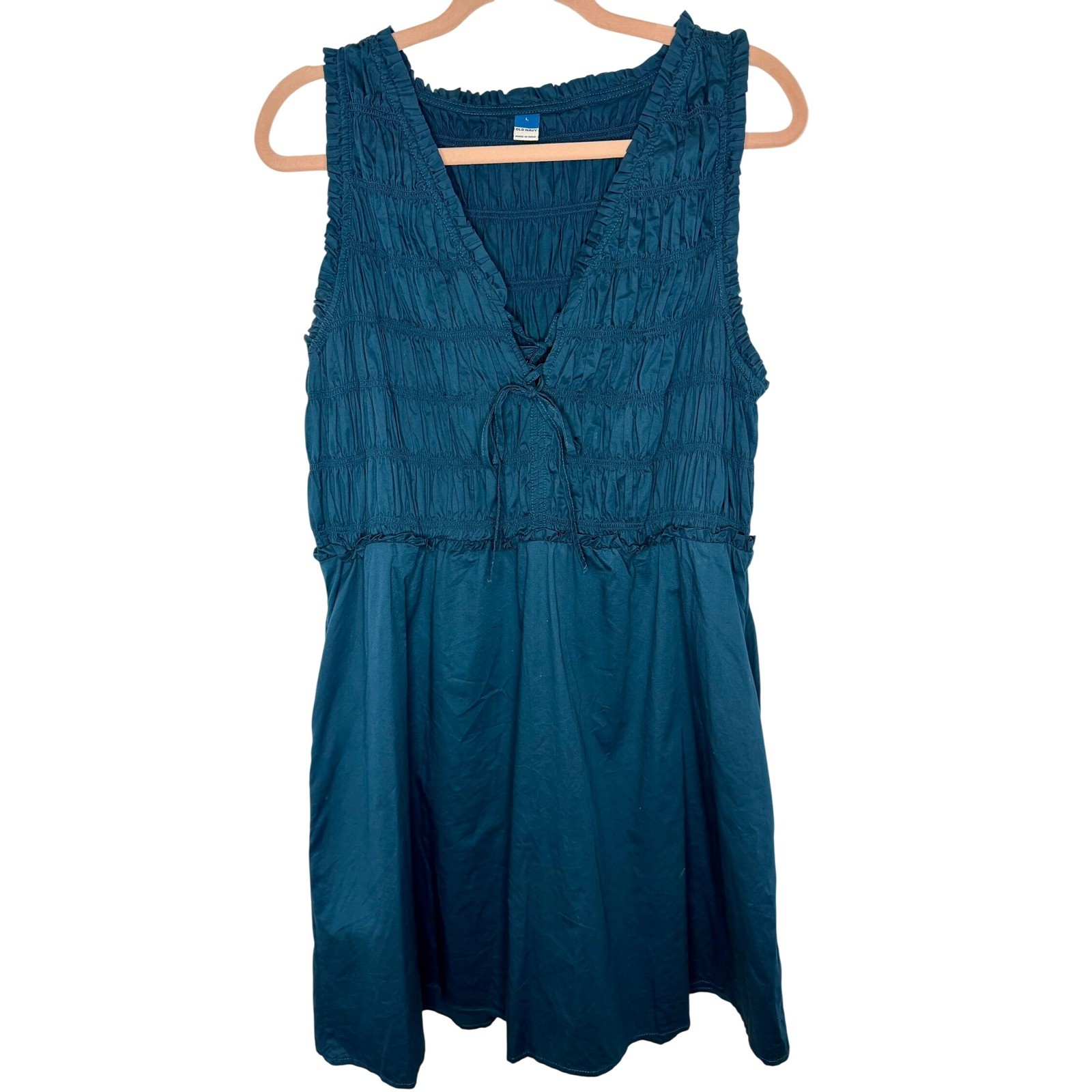Old Navy Teal Blue Smocked Empire Waist Cotton Mini Dress Sleeveless Pockets L