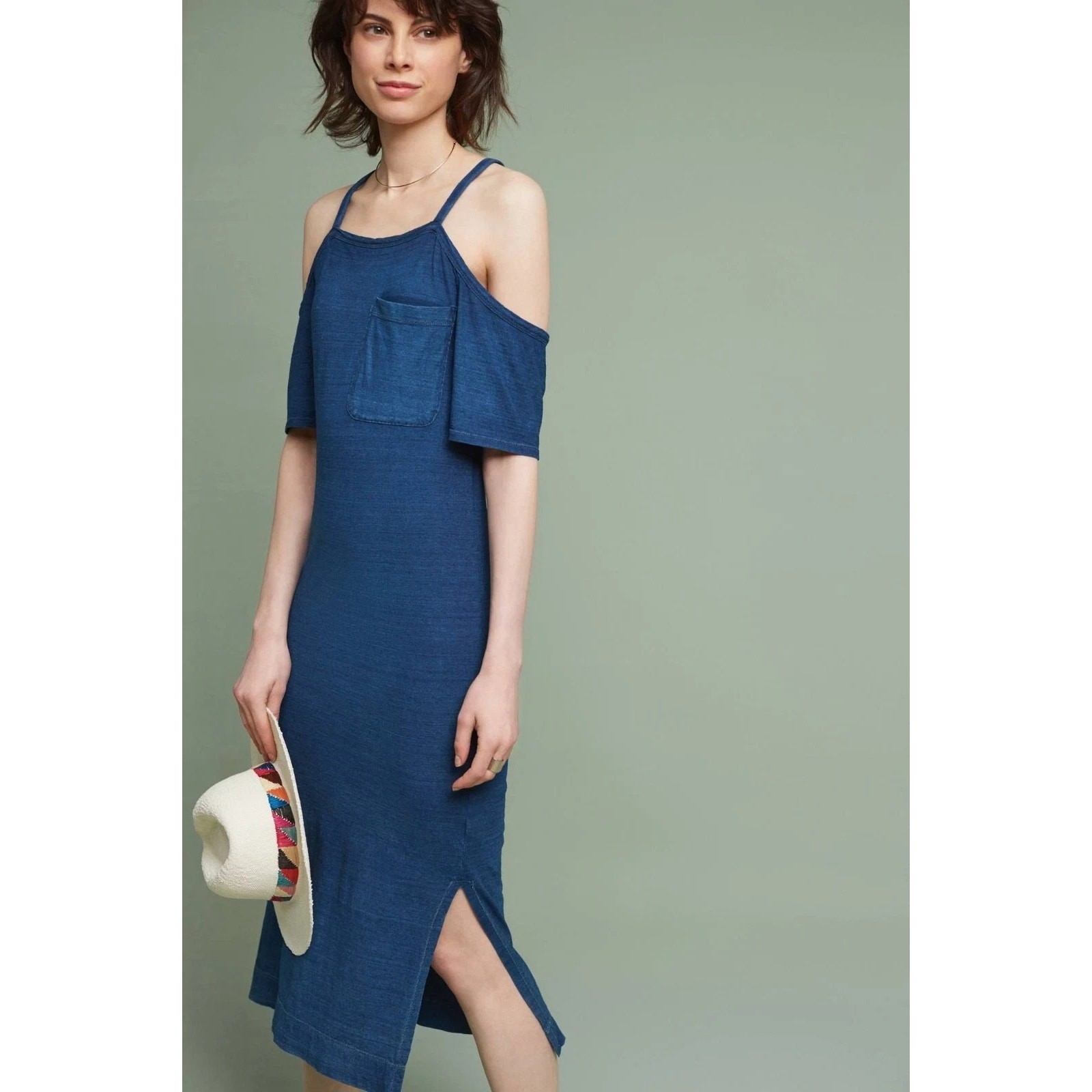 Cloth & Stone Juliette Cold Shoulder Maxi Dress Womens S Blue Pocket Side Slit