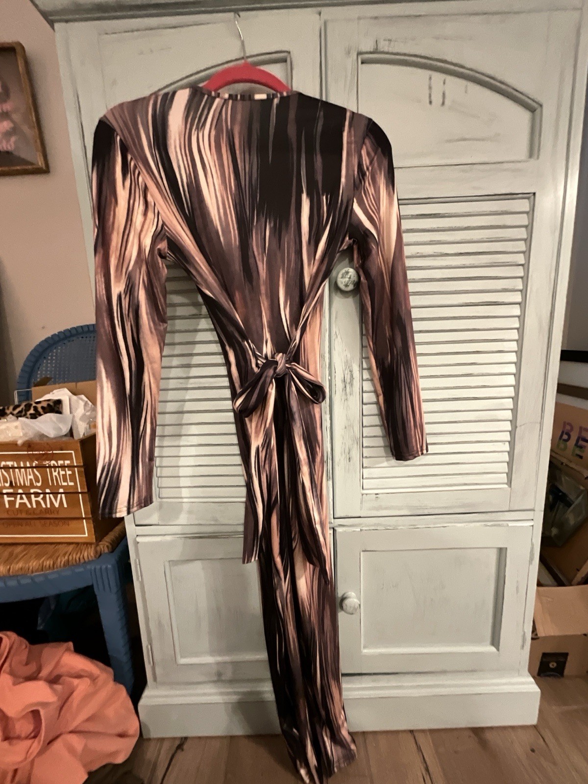 Women’s Black/Beige bodycon Abstract Print V-Neck Long Sleeve maxi dress Size L
