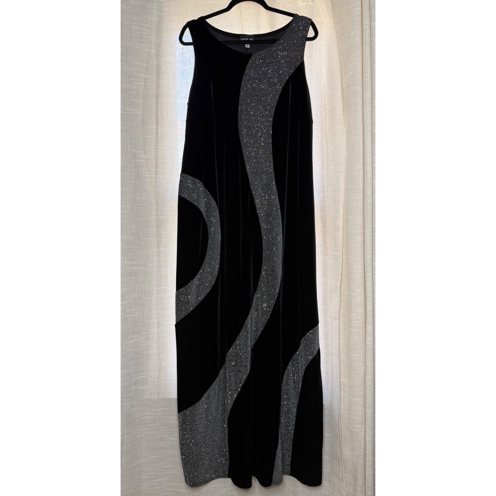 90s Y2K Vintage Onyx Nite Maxi Gown Velvet Glitter Swirl Black Silver Women’s 18
