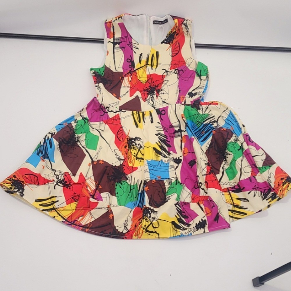 ZR&ZR Multicolor white pink red Flare Abstract Print Sleeveless Dress sz large L