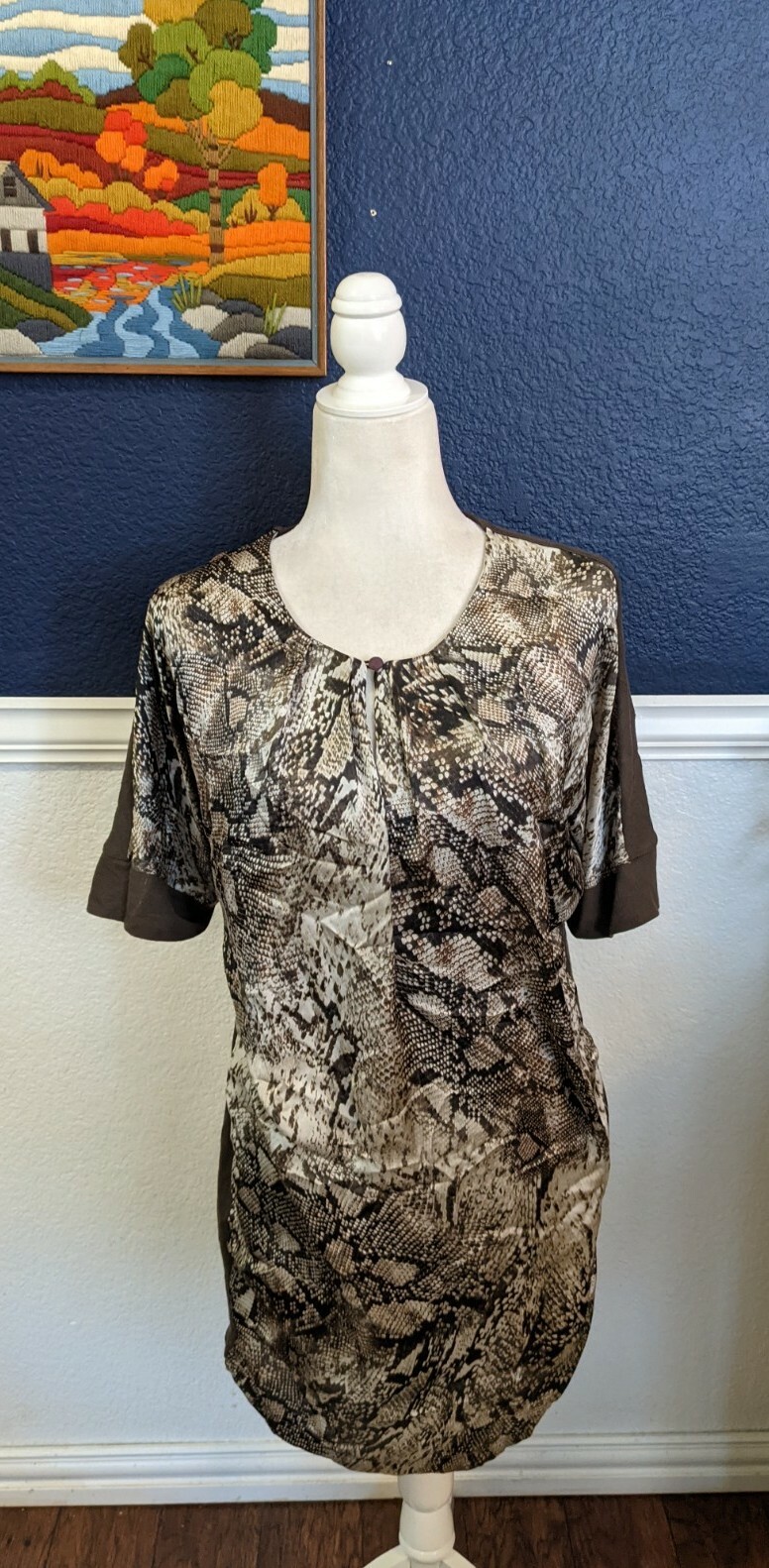 Ronen Chen Israel Scoop Neck Lagenlook Animal Print Long Tunic Dress Sz 6 Small