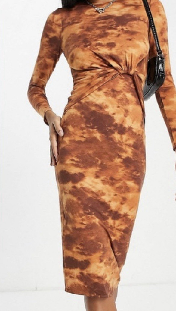 ASOS DESIGN long sleeve front knot open back midi dress brown tie dye print UK 6