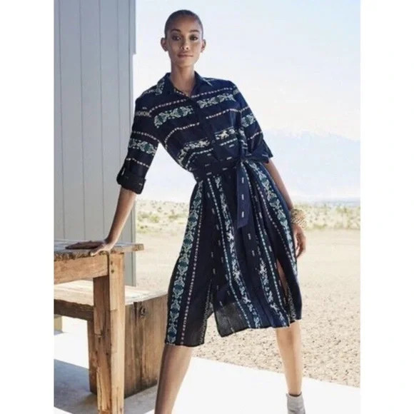 Finley Jeanette Taos in Navy Blue Western Horse Embroidered Shirt Dress XS