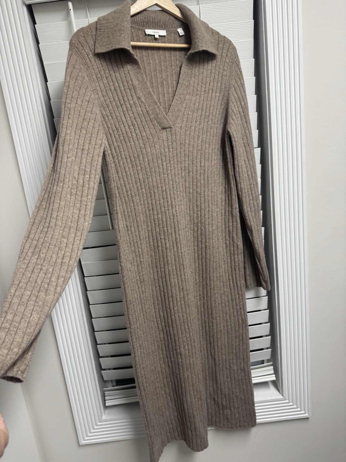 Vince Cashmere Wool Collared Ribbed Sweater Dress Polo Knit Brown Mocha Tan L