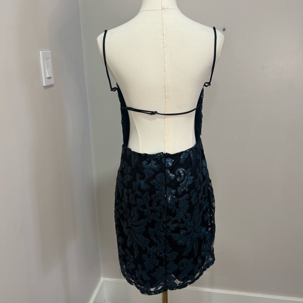 Lucy in the Sky Teal Blue Sequin Damask Open Back Mini Dress Large Womens Black