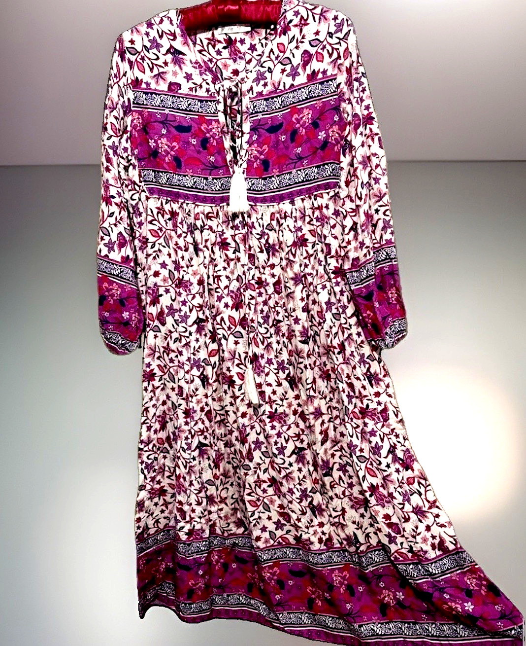 R Vivimos Dress S Pink Purple Paisley Boho Hippie Tassel Tie Flowy Rayon Midi