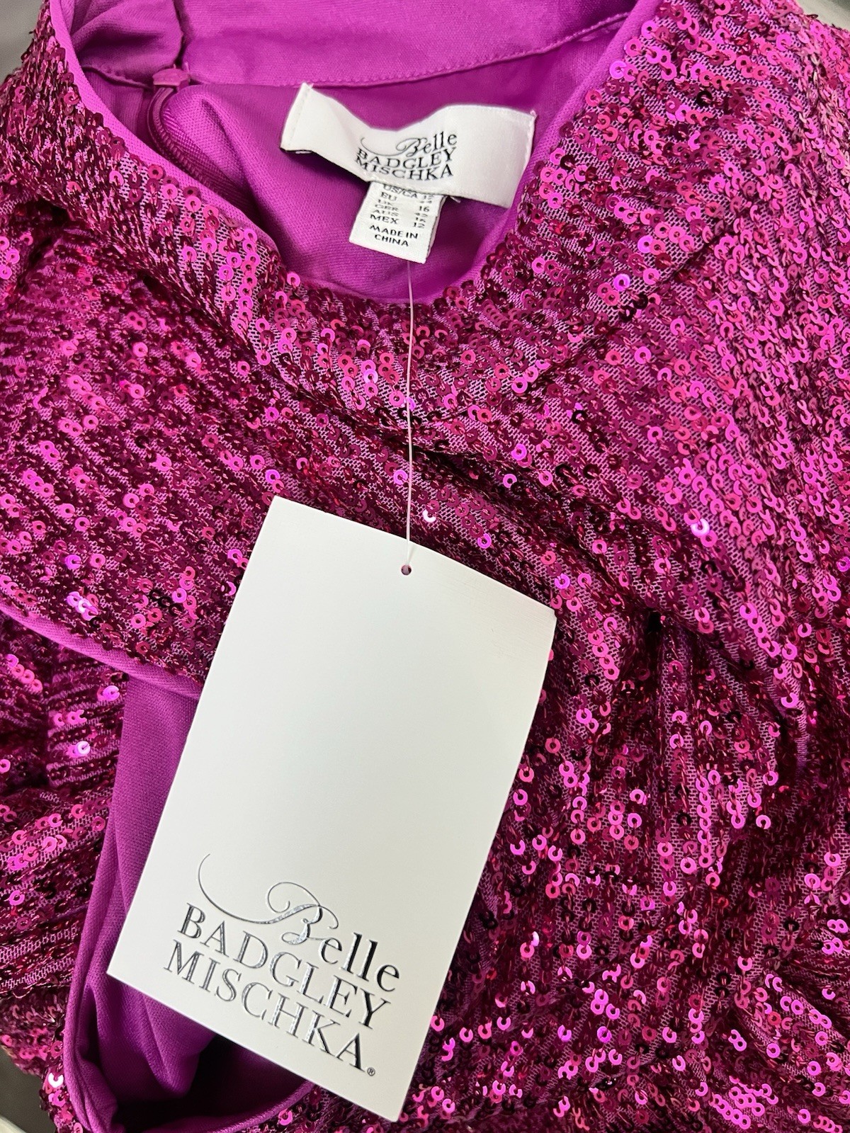 NWT Badgley Mischka Dress Size 12 Sequin Isla Cocktail Dress Pink Fuchsia Prom
