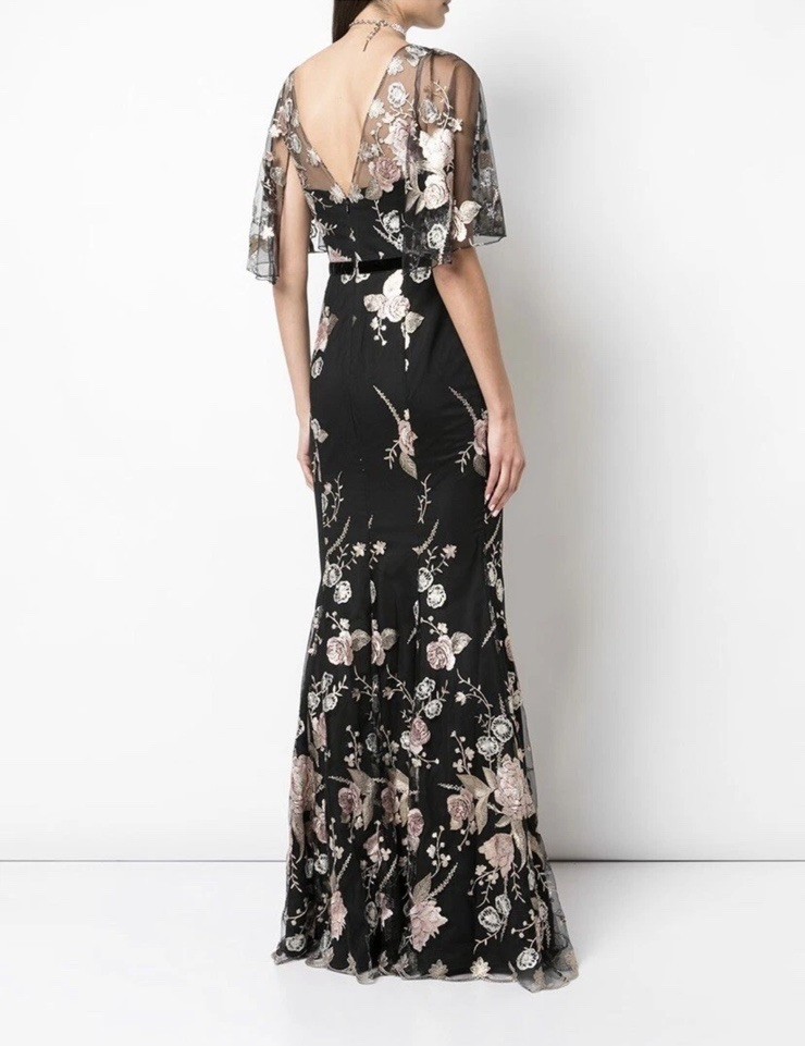 Marchesa Notte Floral Embroidered Gown Black Gold Pink Sheer Cape Sleeve Size 10