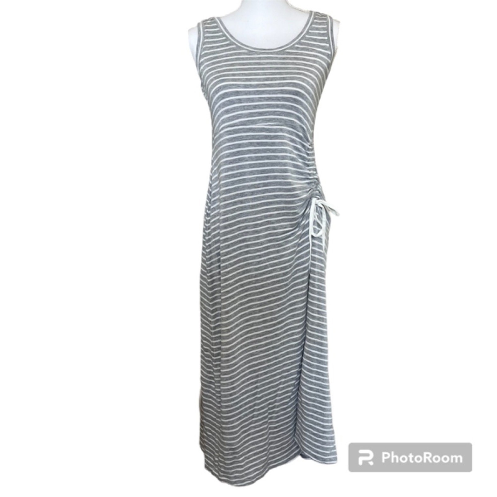 CAbi Maxi Dress Easy Style #5974 Small Grey White Stripe Ruching Stretchy Comfy