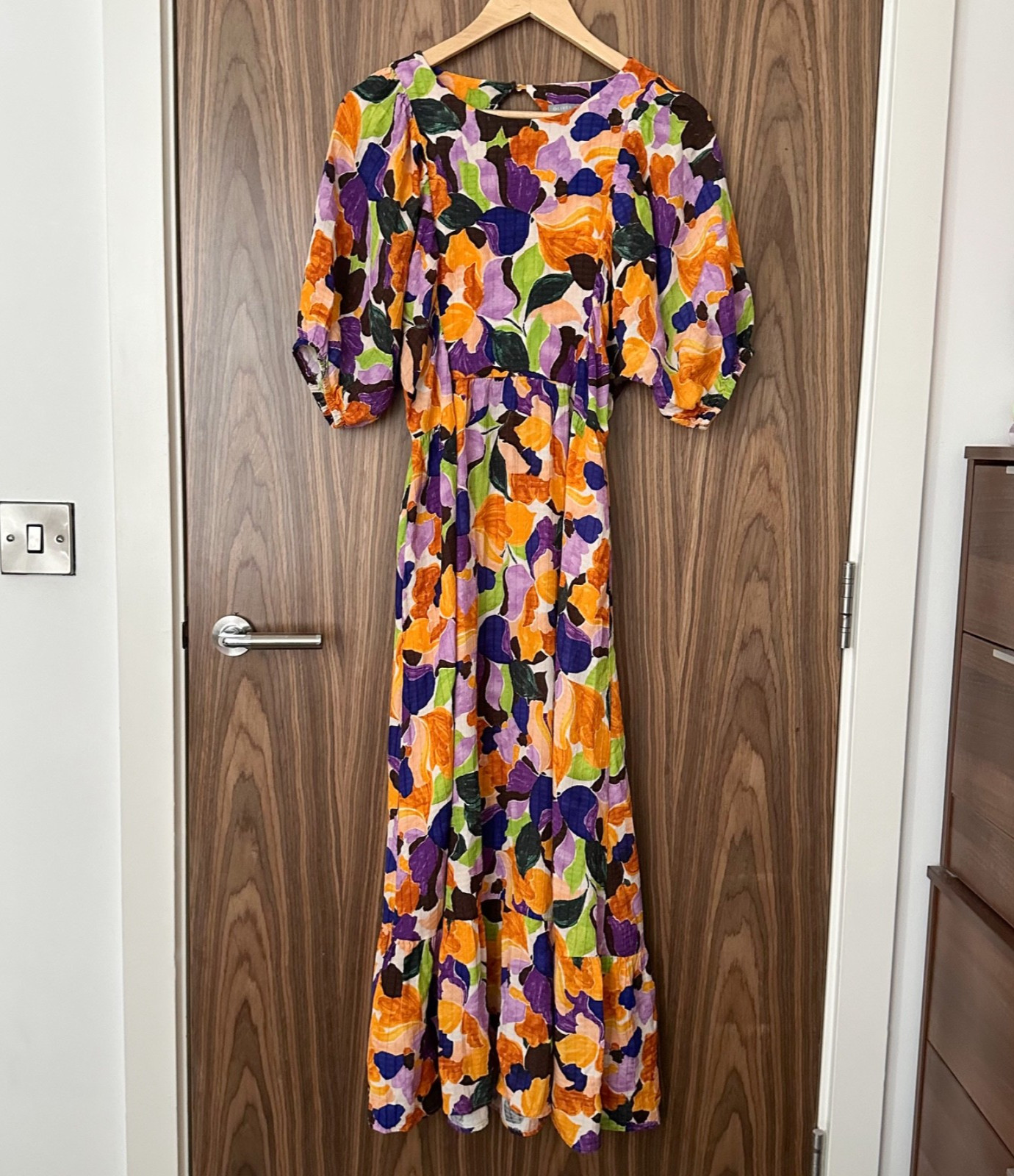 Oliver Bonas Purple Orange Abstract Petal Floral Puff Sleeve Midi Maxi Dress 10