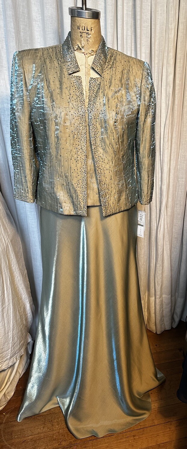KM Collections Beige Shimmer Sleeveless Gown +Jacket With Beads Sz 12 NWT