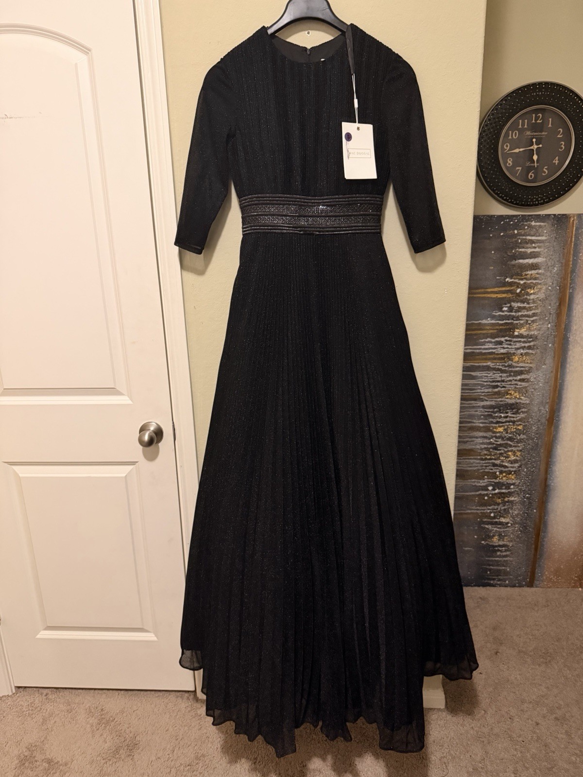MAC DUGGAL 30700 SHIMMERING PLEATED A-LINE 3/4 SLEEVE BLACK GOWN sz 6