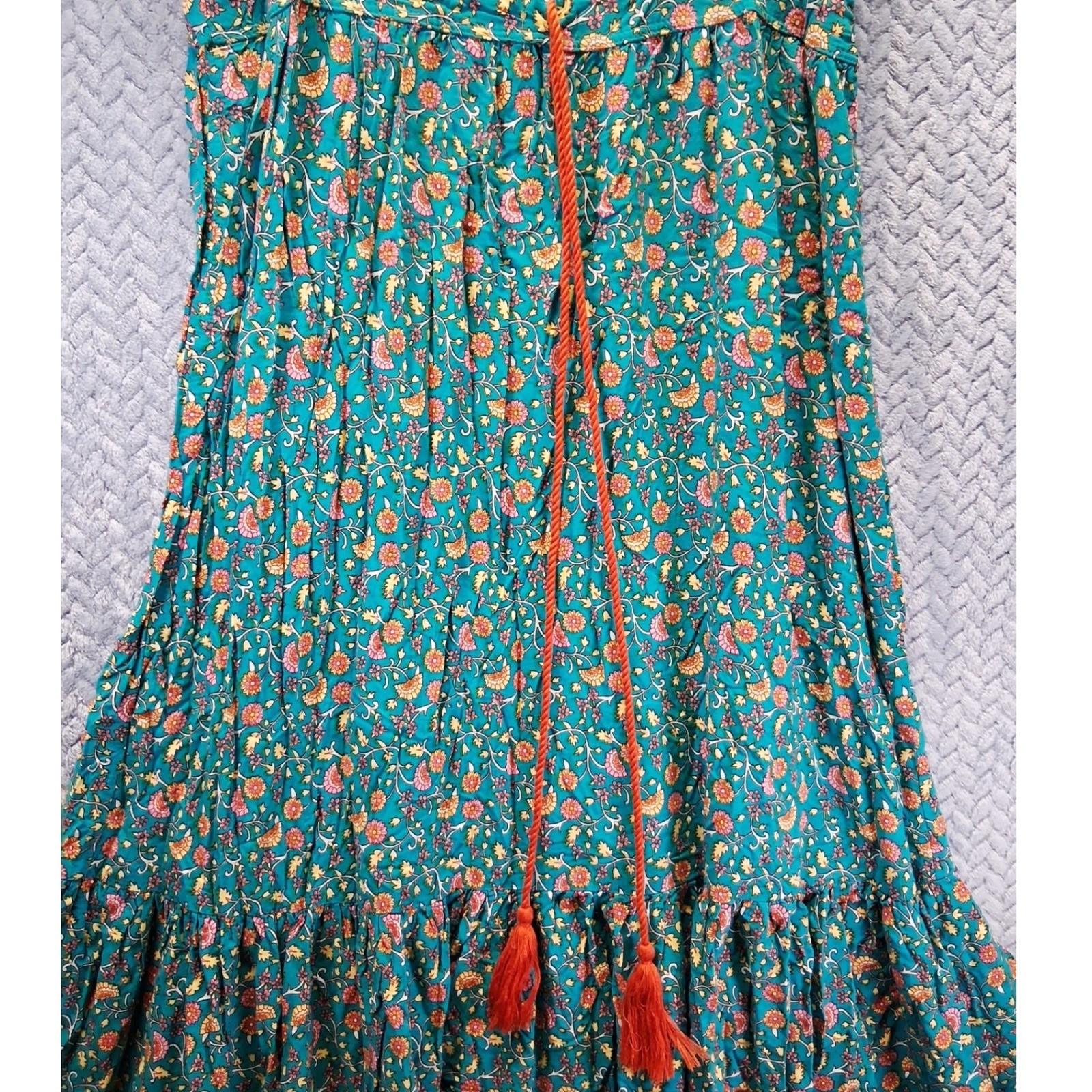 R. Vivimos Teal Floral Boho Maxi Dress Short Sleeve Tassel Pom Trim Size M 8/10