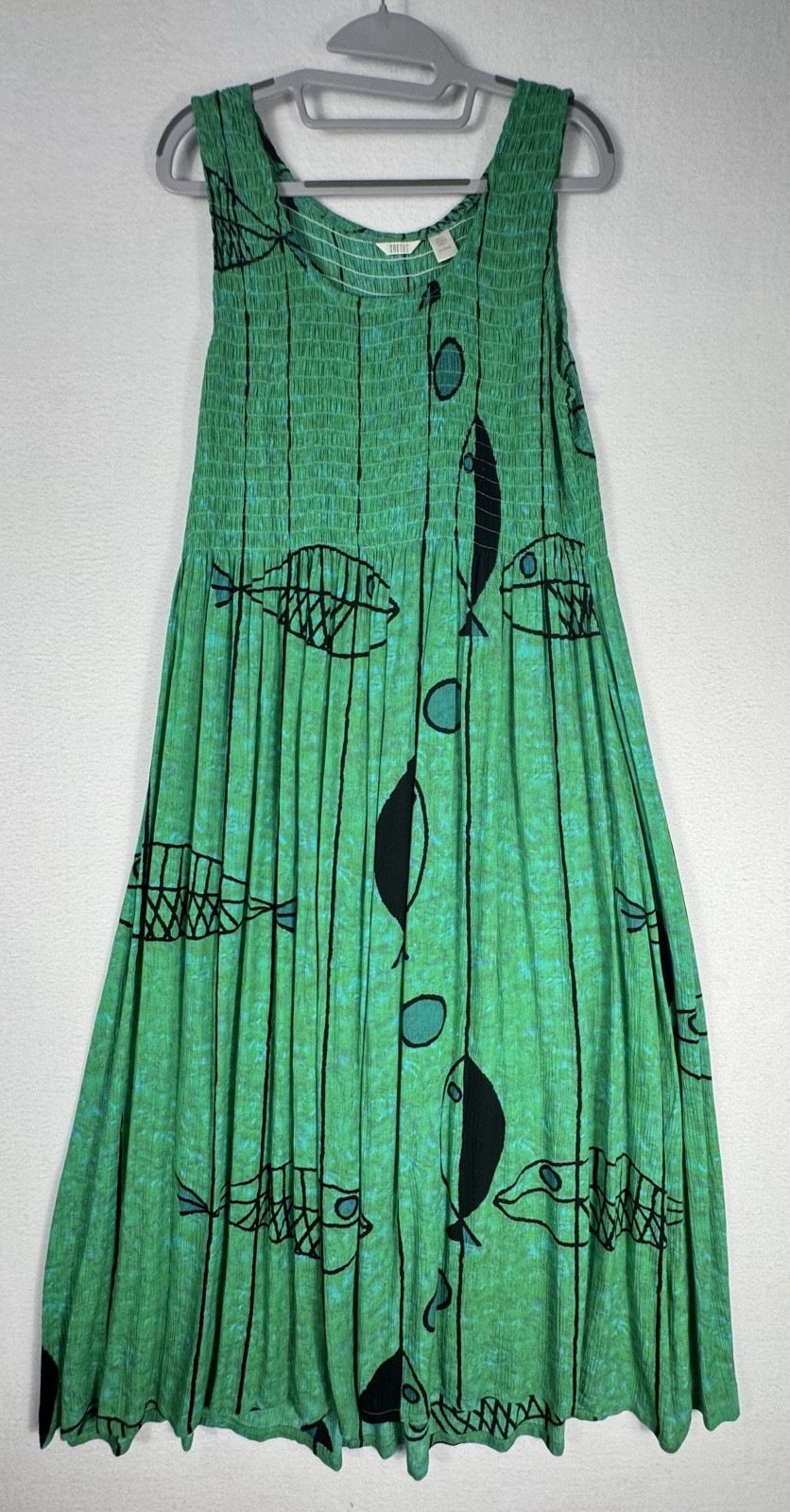 Kaktus Fish Print Large Dress Green Rayon Crinkle Boho Lagenlook Artsy Midi