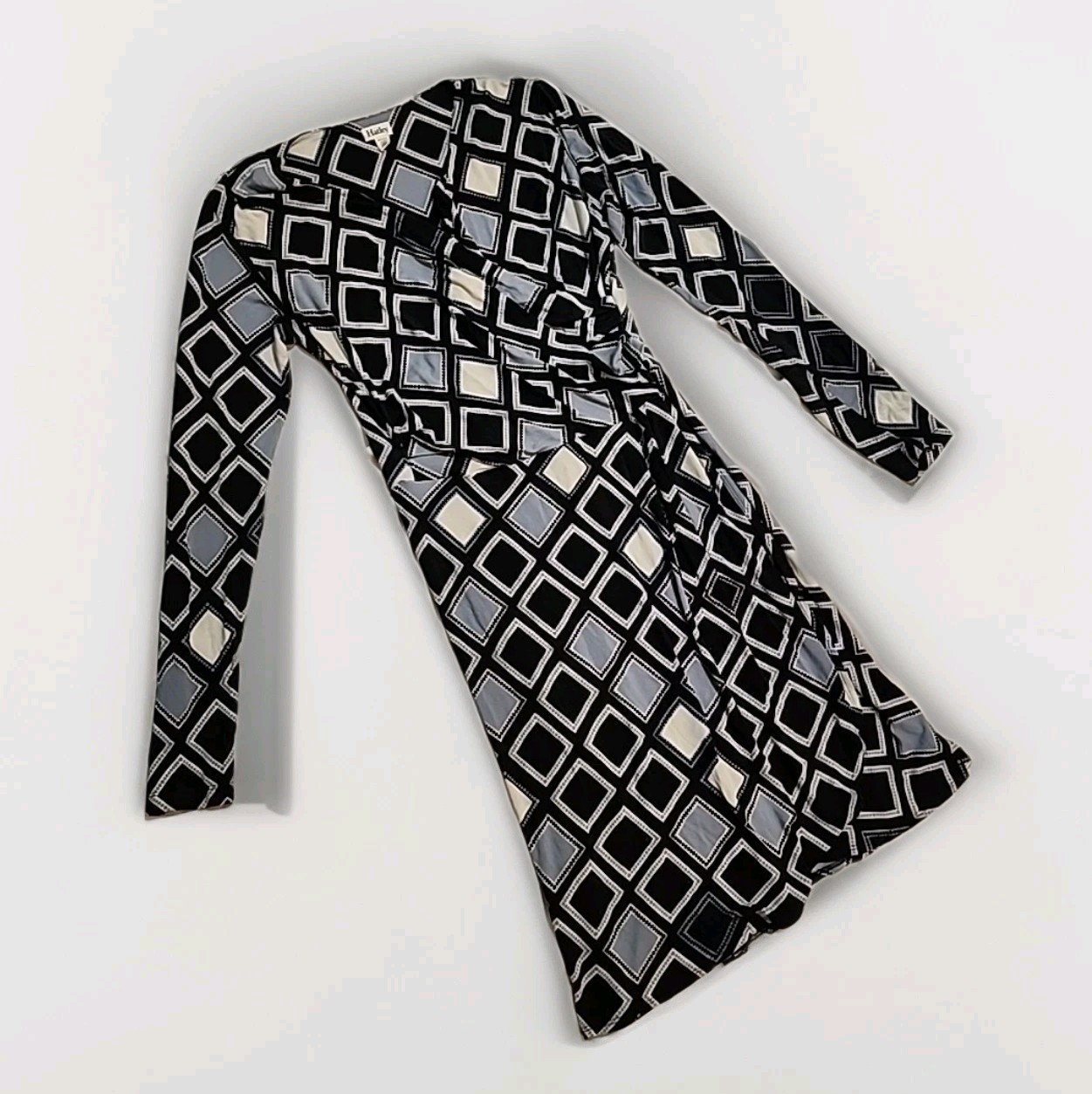 Hatley Faux Wrap Dress size Medium Geometric Print Navy Blue Stretch R1