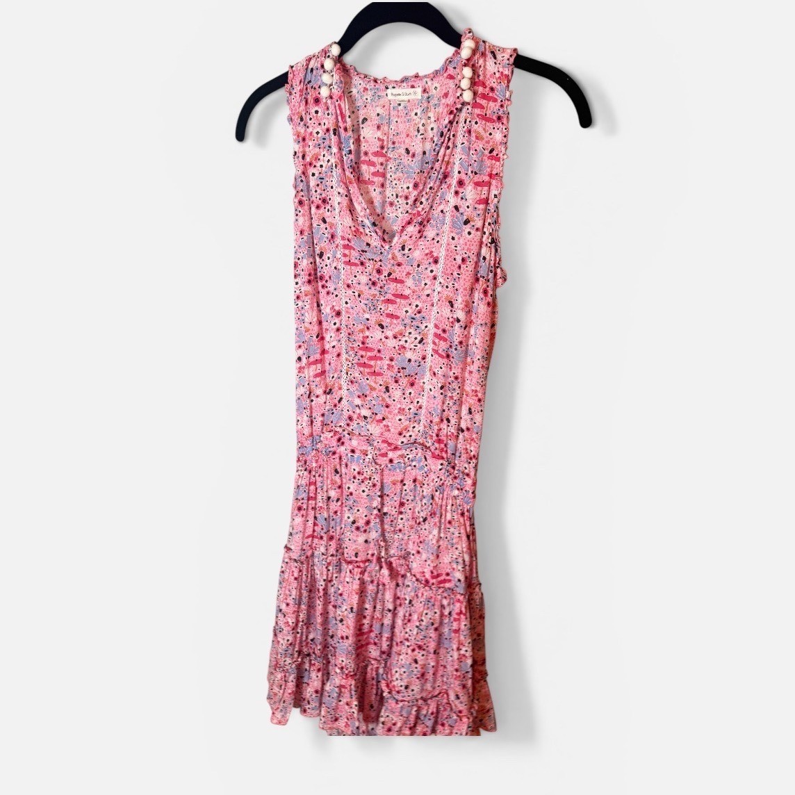 Poupette St Barth Pink Floral Pom Pom Trim Smocked Tiered Mini Dress XS