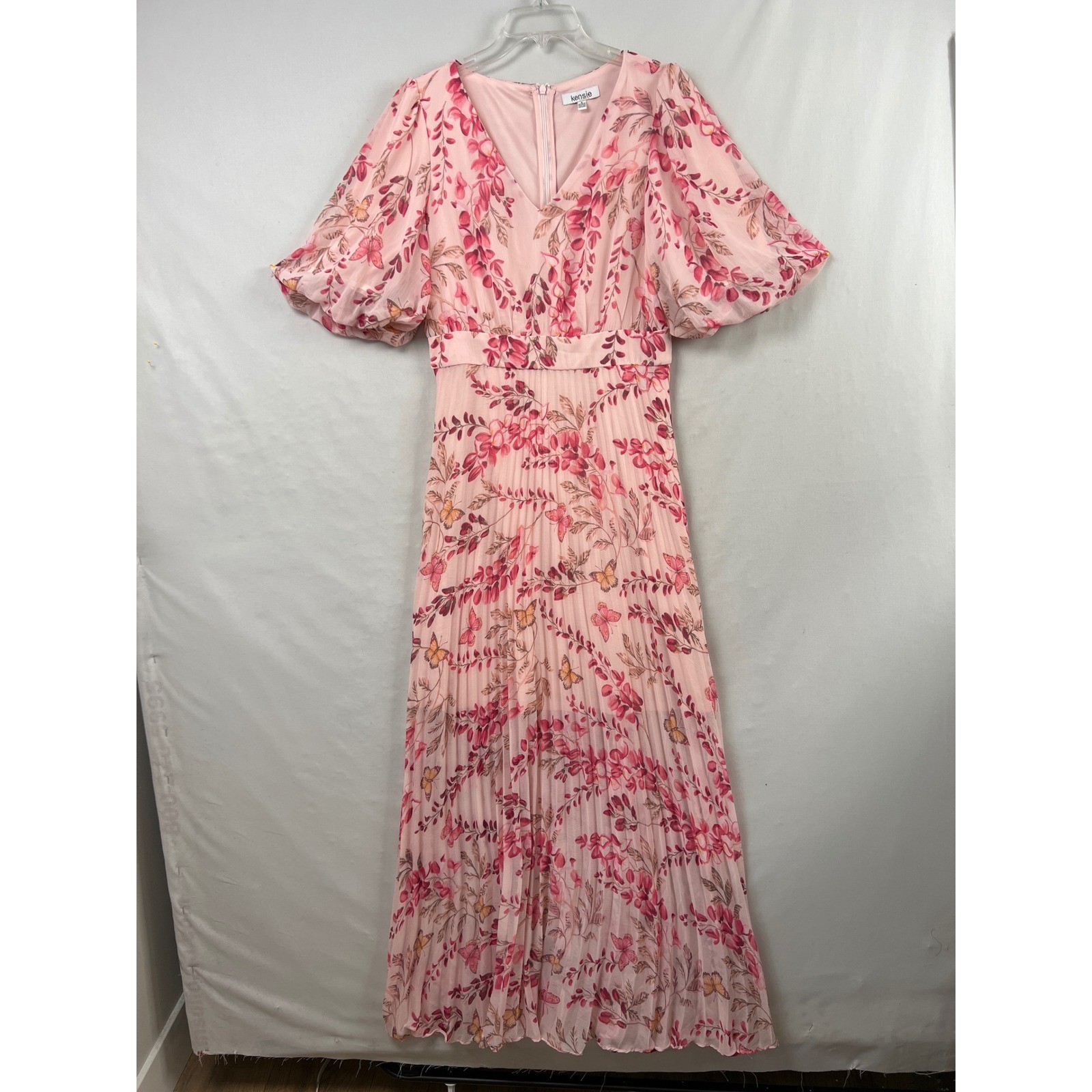 Kensie Maxi Dress Womens 8 Pink Floral Butterfly Pleated Puff Sleeve V-Neck