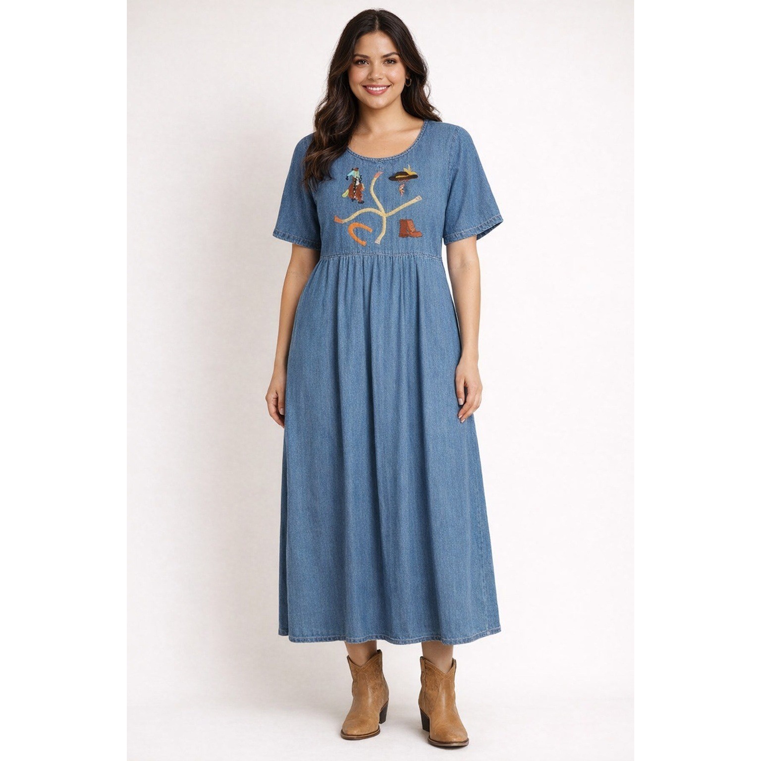 Vintage 90s Western Denim Country Rodeo Embroidered Maxi Dress Size L