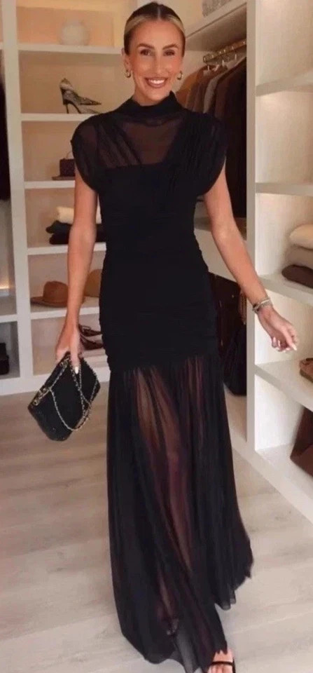 ❤️ZARA BNWT 2026 BLACK DRAPED CONTRAST COMBINATION MIDI DRESS sz S 3067