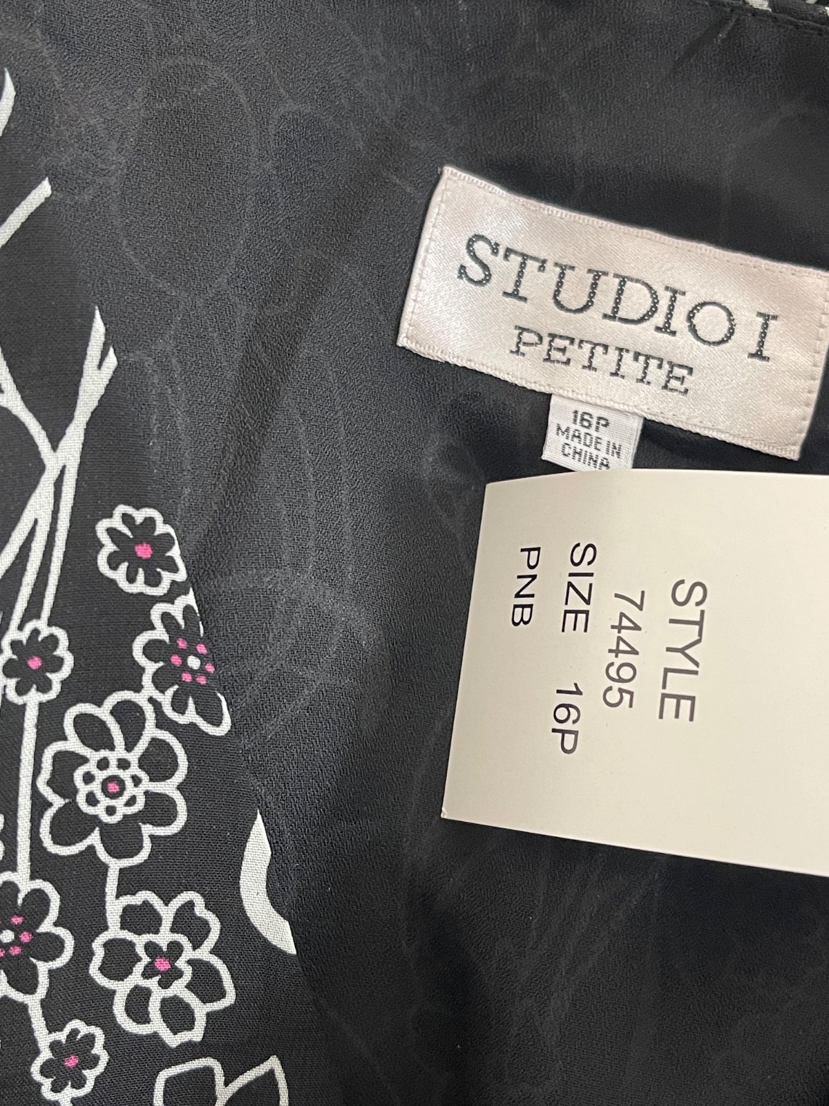 Studio I Petite Women’s Black White Floral Chiffon Dress Lined Size 16P