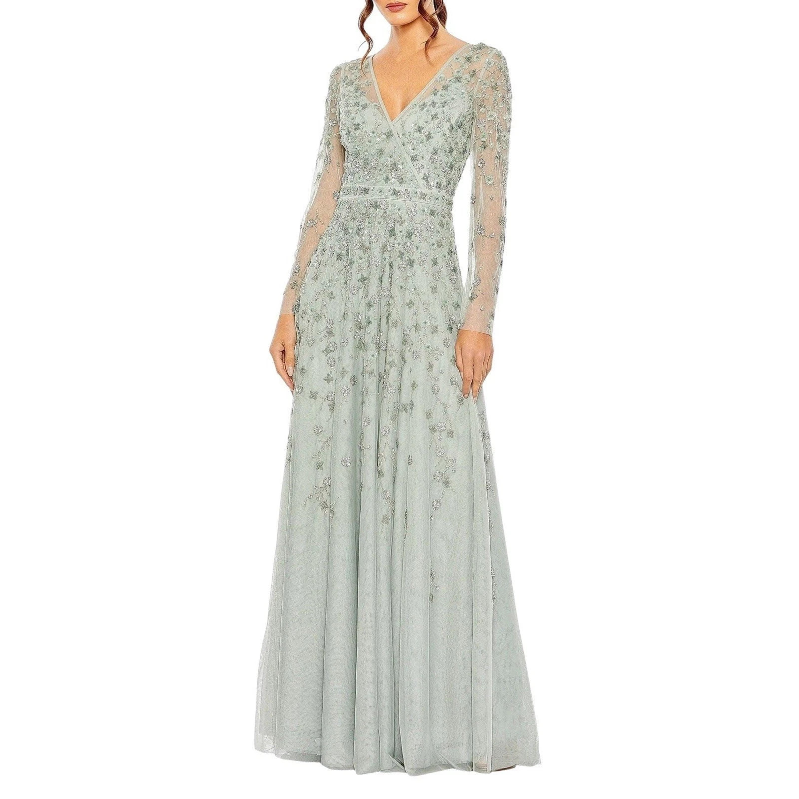 Mac Duggal 9131 Embellished Wrap Over Illusion Long Sleeve Gown Size:16 $798 NWT