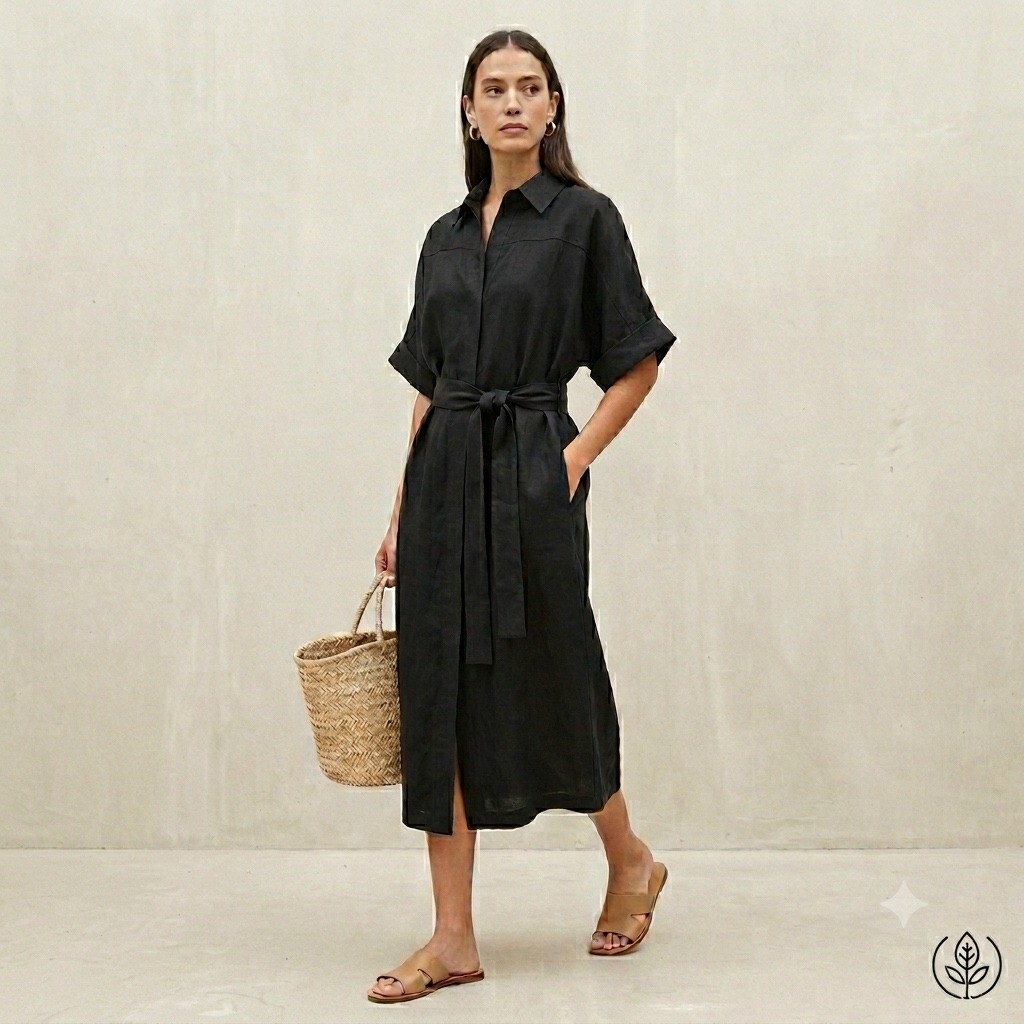Maggie The Label Black 100% Linen Midi Shirt Dress Short Sleeve Belted Pocket