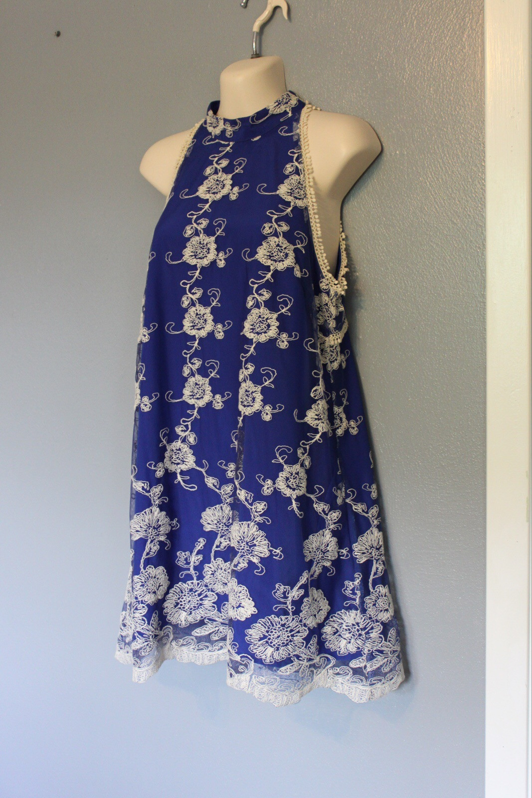 Lovers + Friends Blue Embroidered Trapeze Mini Swing Dress Small