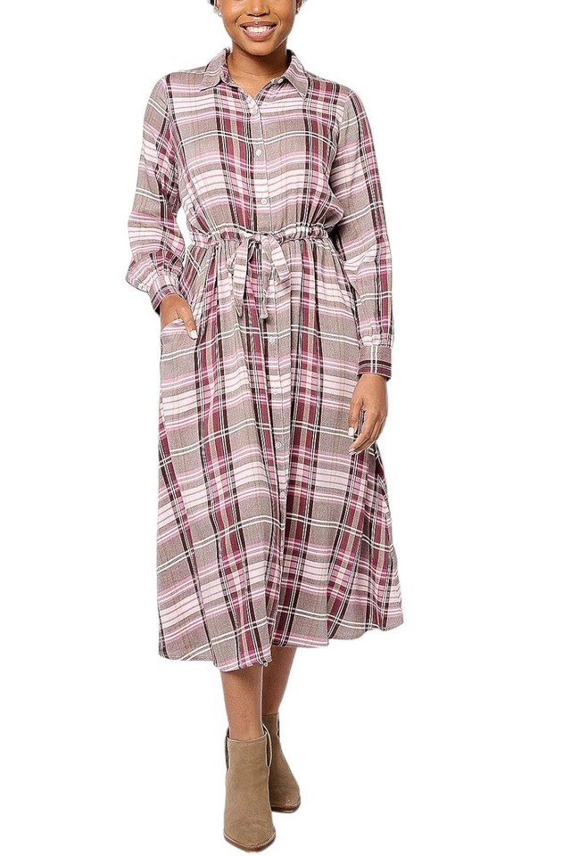 Encore by Idina Menzel Petite Button Front Shirt Dress Wine Pink S New