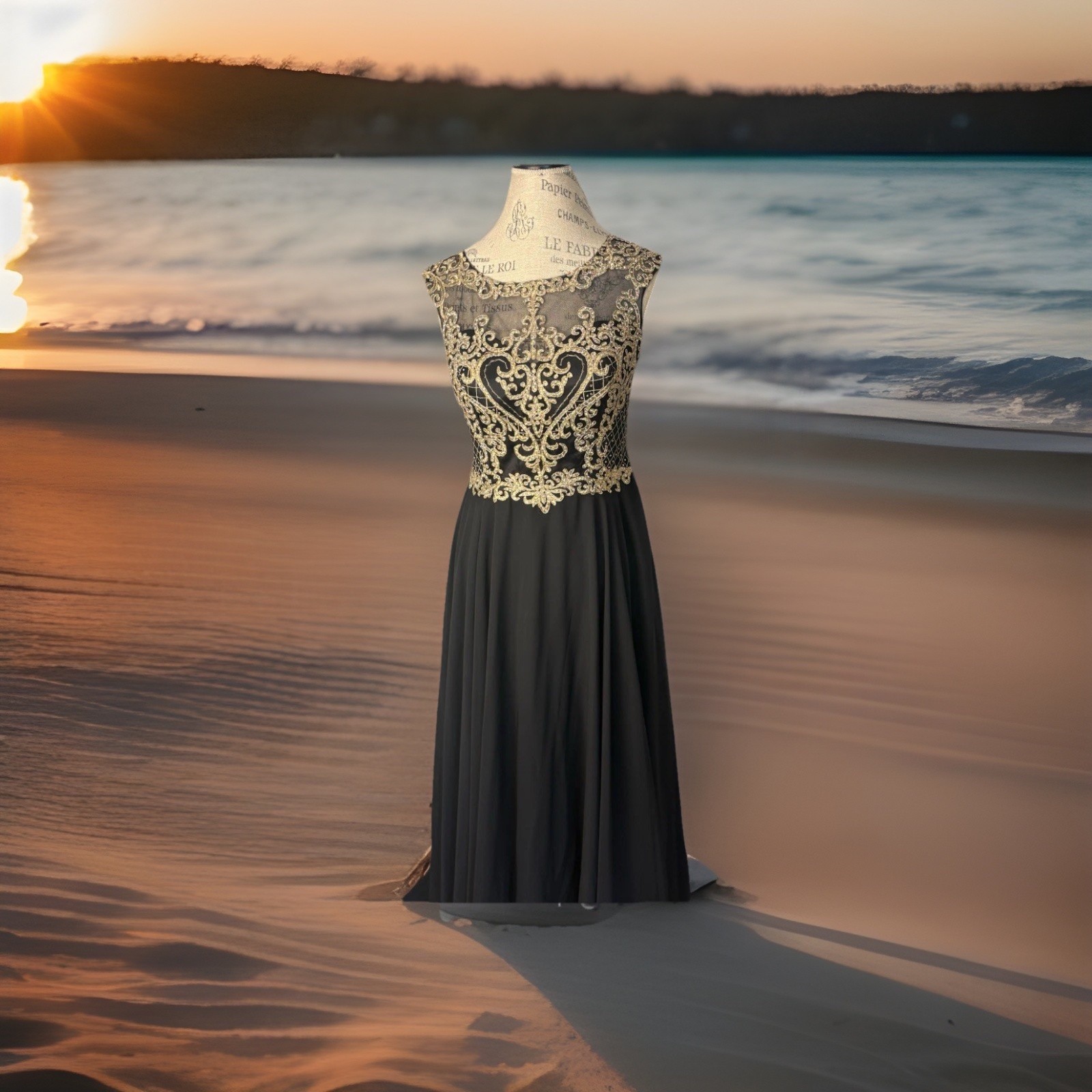 Formal Dancing Queen Gilded Illusion Halter Black/Gold Dress Sz Large