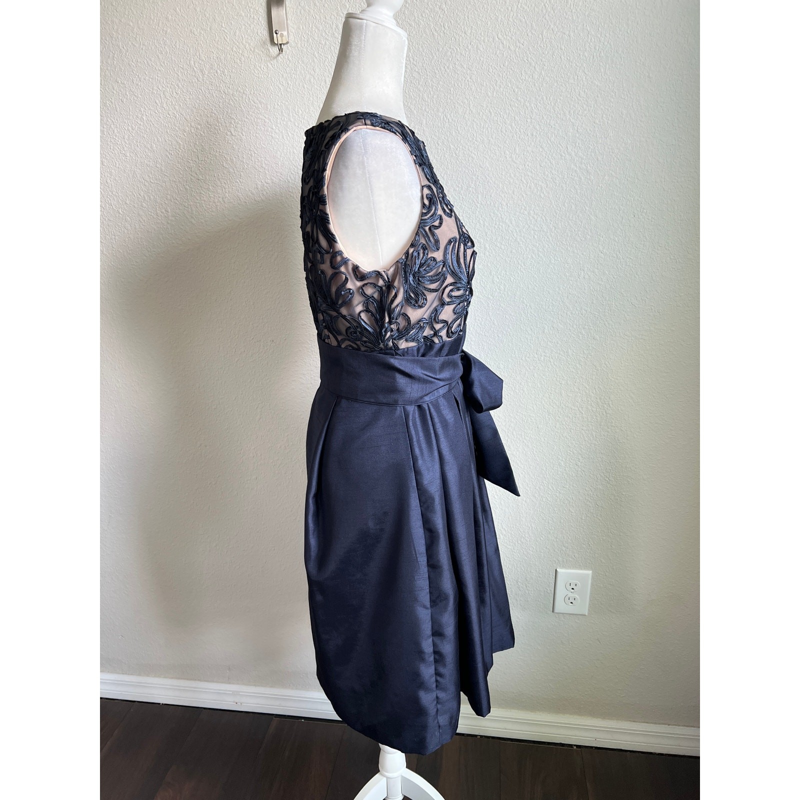 J Howard Navy Blue Scroll Pleated Belted Knee Length Formal Party Dress Womens 8