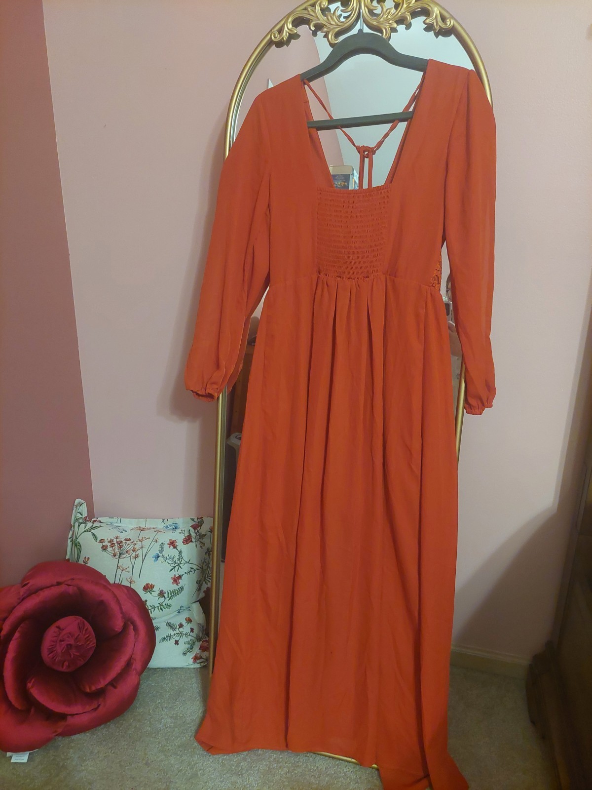 LOVECULTURE 2010s Orange Solid V-Neck Long Sleeve Polyester Lace Maxi Dress L