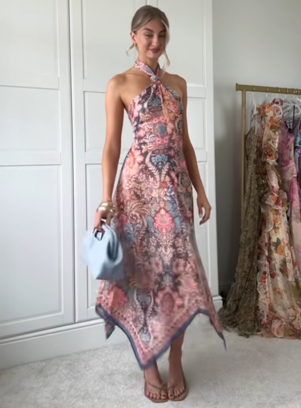 NWT H&M Chiffon Halterneck Dress Light Beige/Paisley 1338849001 Sizes M, L
