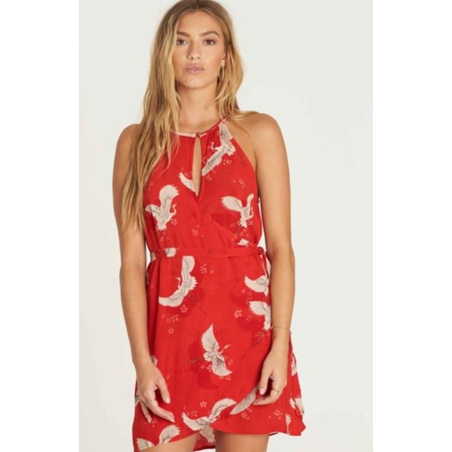 Billabong Red Bird Print Wrap Dress Surfer Girl Beachy Red XS