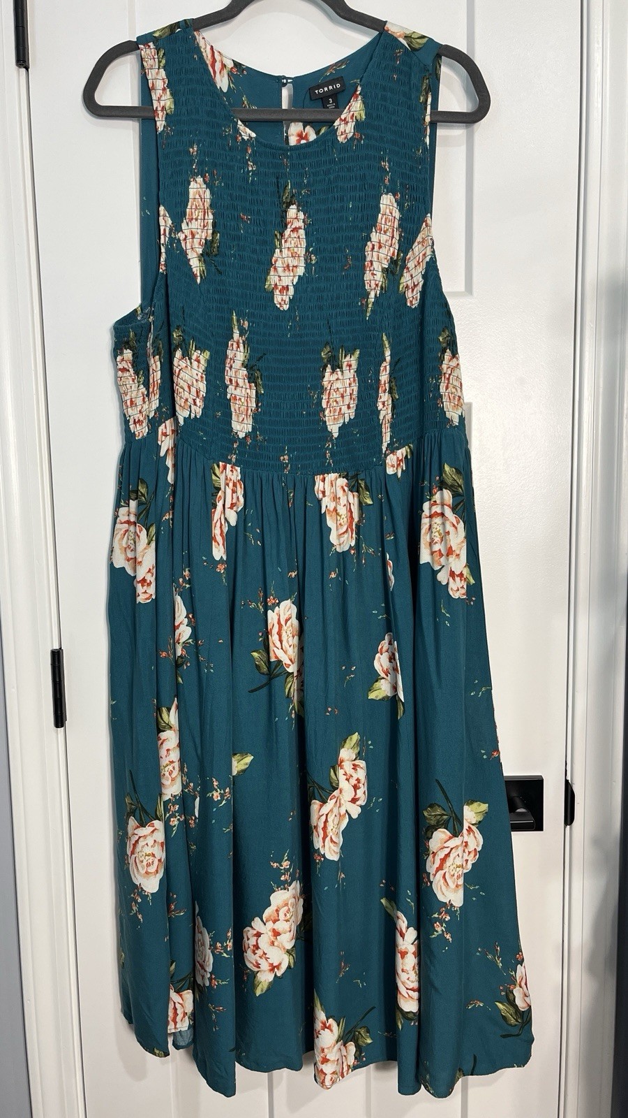 Torrid Midi Challis Smocked Dress Teal Floral Size 3 (3X) Wedding Guest Feminine