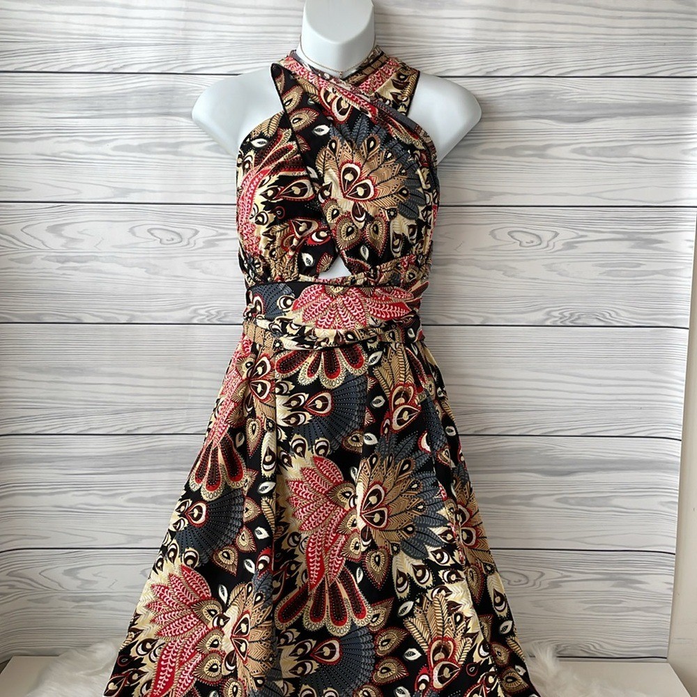 Feather Print Cross Strap Sleeveless High Waist Dress
