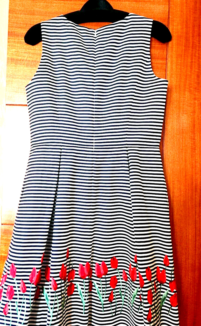 NWT Brooks Brothers Dress A-Line Waist, Striped Navy White, Red Tulip, Size 12
