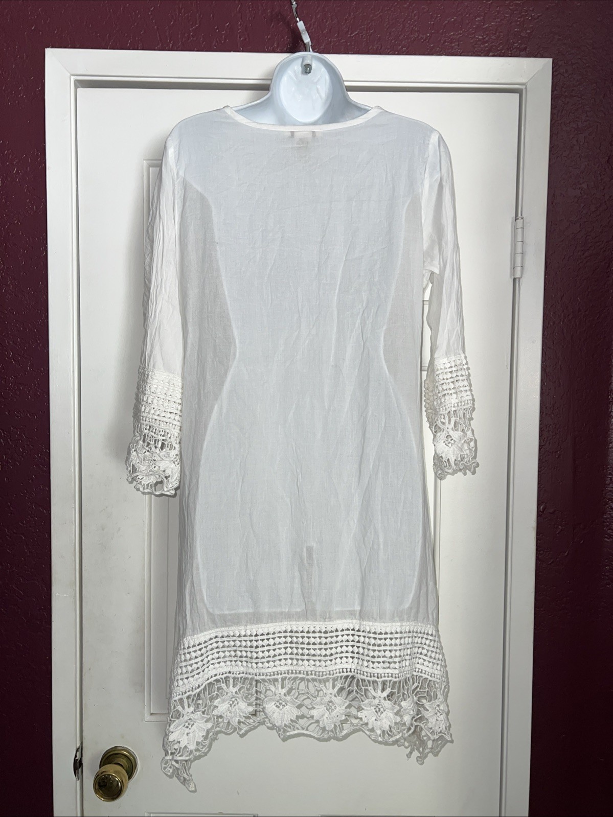Cute Options White Boho Peasant Dress – Size M Crochet Cotton