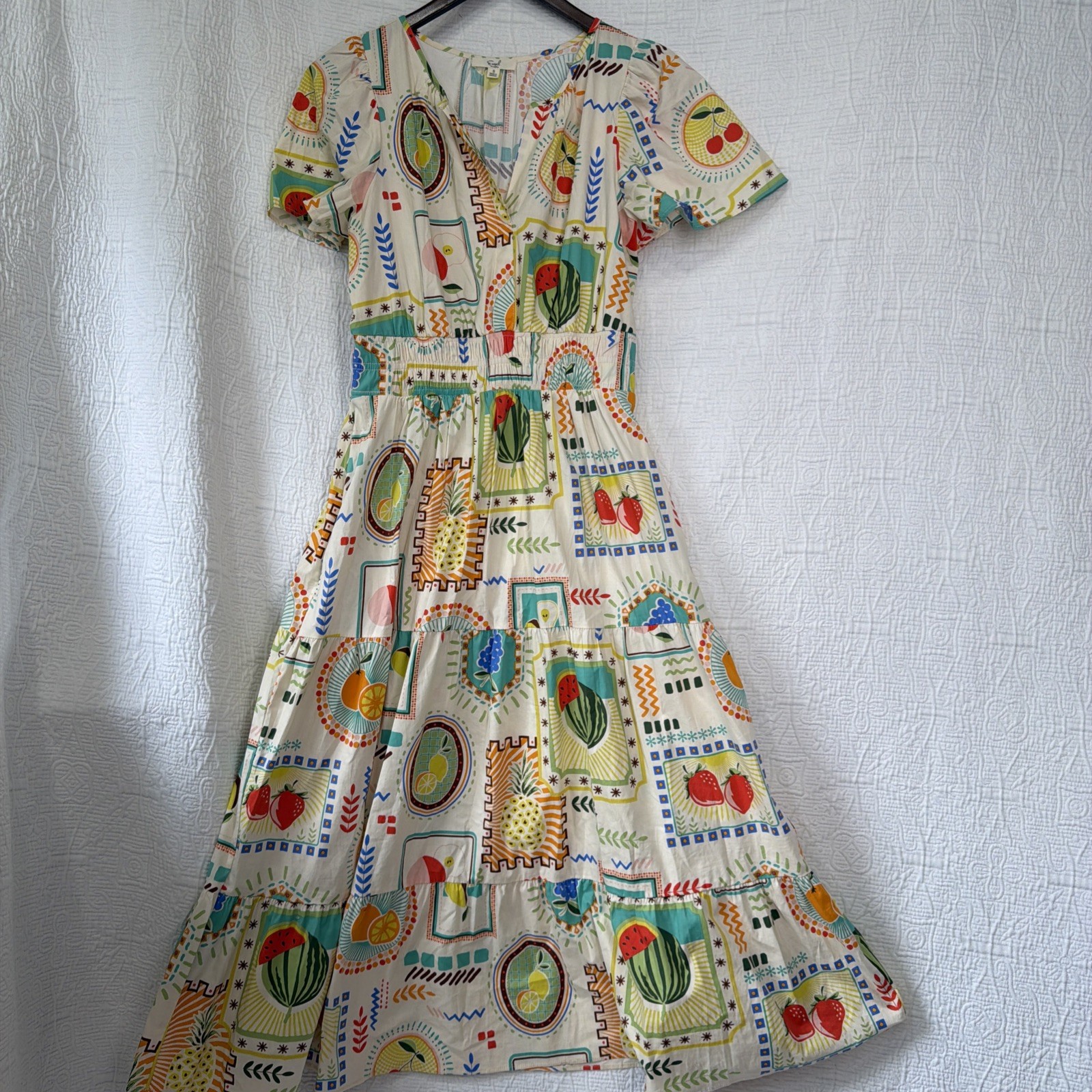 Easel Fruit Print Cotton Tiered Midi Dress Small Short Sleeve Garden Cottagecore