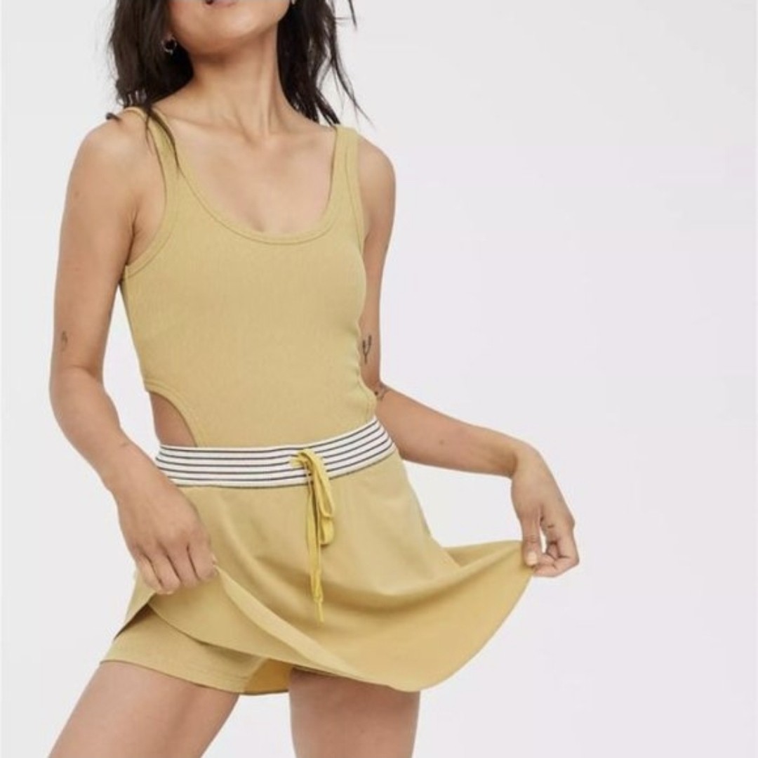 Offline by Aerie Ribbed Cutout Athletic Dress Chartreuse Built In Shorts Bra S