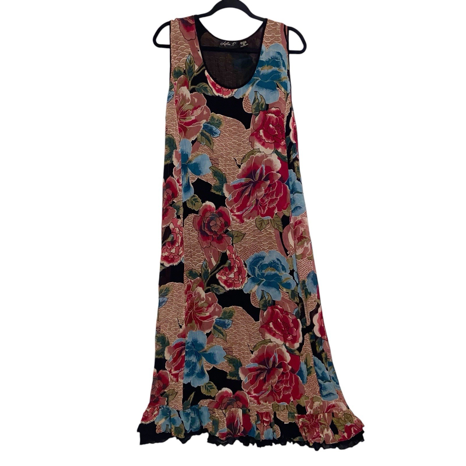 Lola P Dress Womens Medium Boho Grunge Maxi Floral Hippie Hawaiian Vintage Rayon
