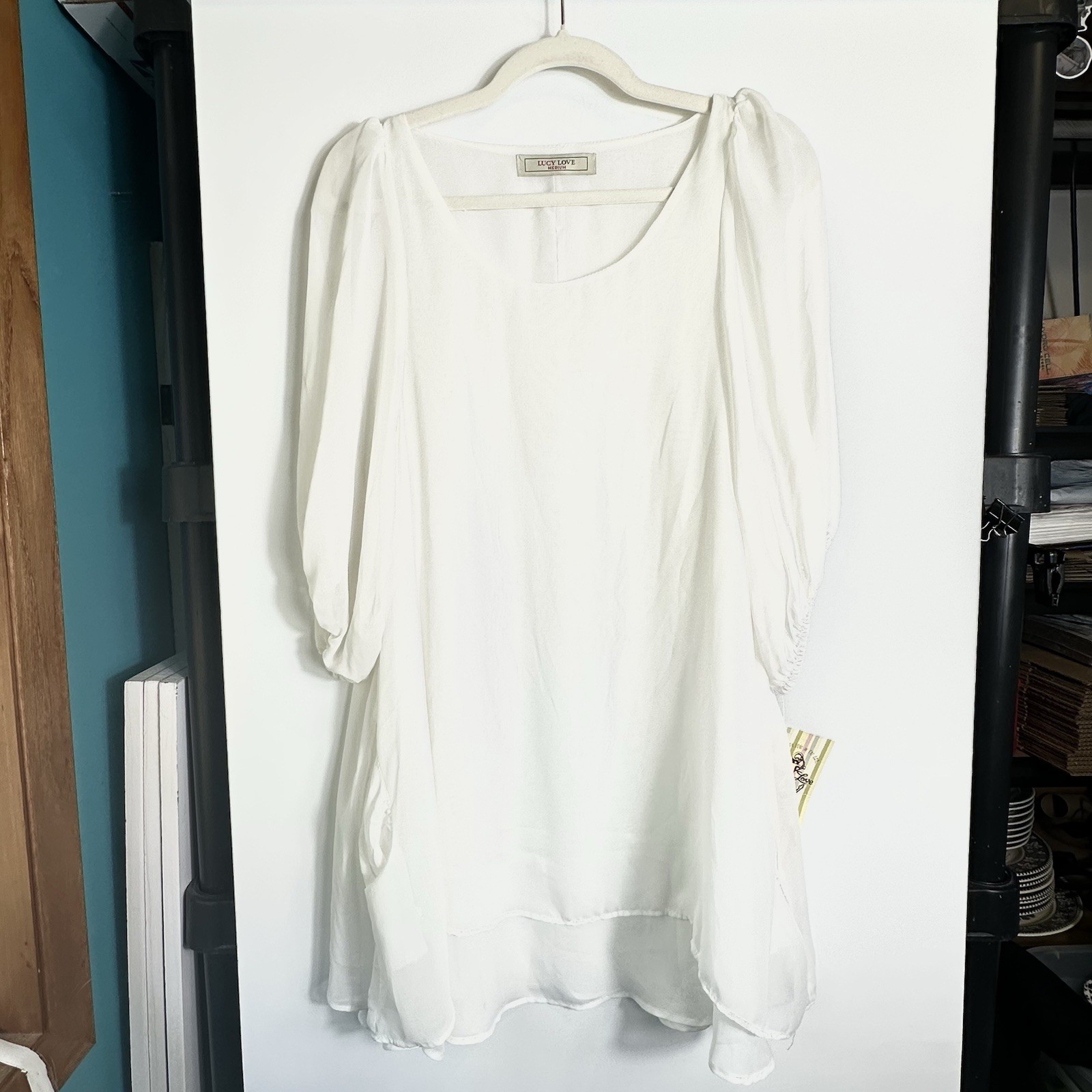 Vtg Lucy Love Womens Medium Ivory Gabrielle Dress Beach Semi-sheer USA NOS
