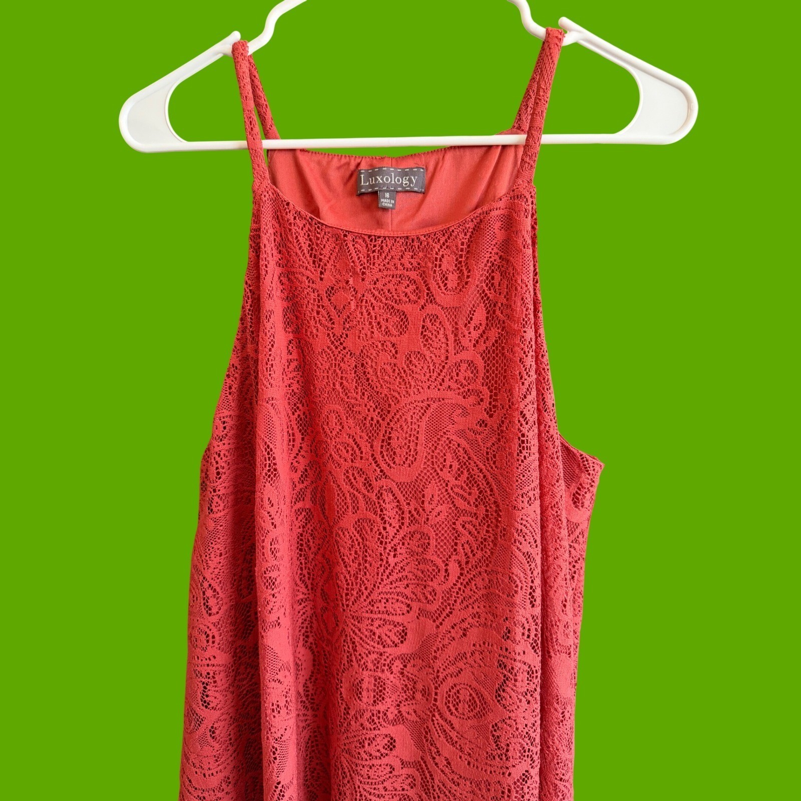 Luxology Rust Red Paisley Lace Handkerchief Hem Sleeveless Dress Womens Size 16