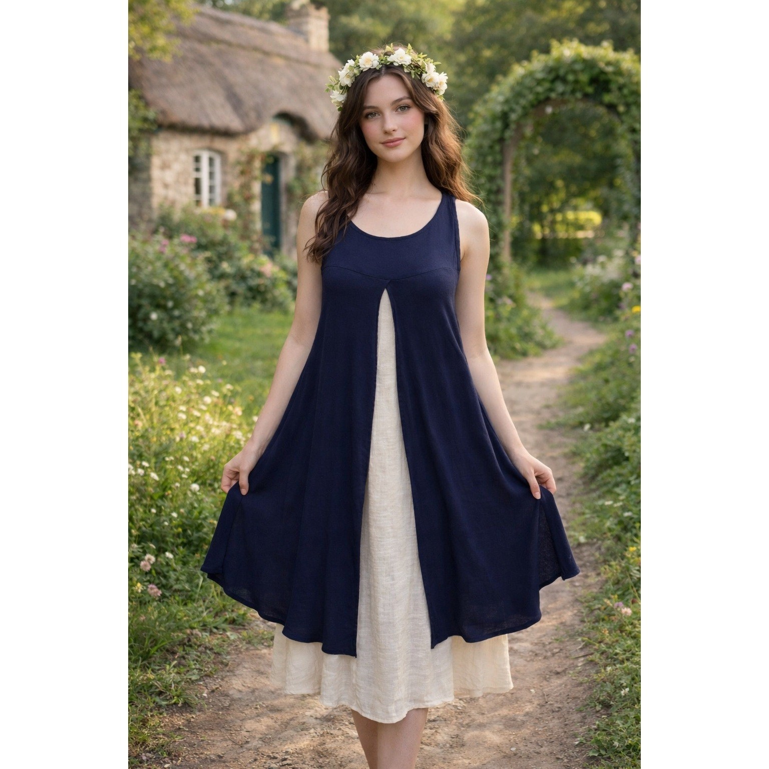 Ya Wei Women Vintage Navy & Cream Layered Sleeveless Relaxed Fit Midi Dress M